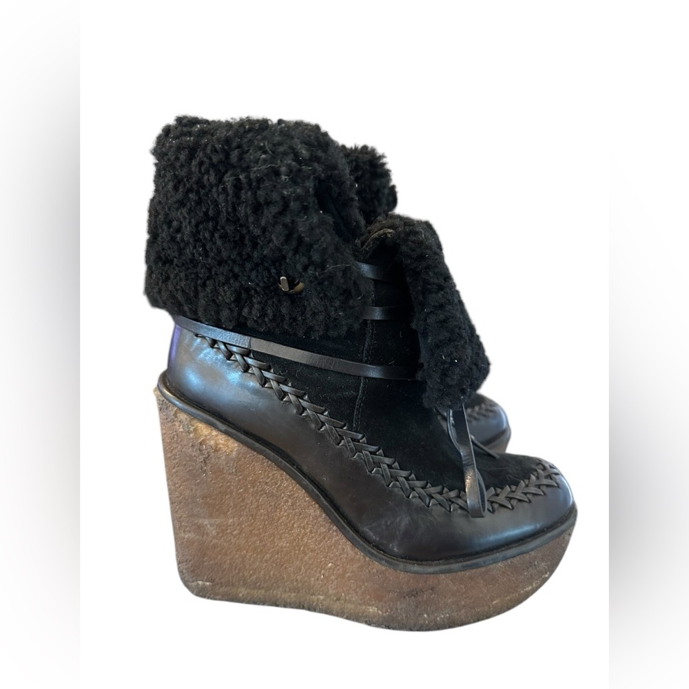 COACH X BLITZ "Fringe Moccasin" Black Shearling Ankle Boots Booties Size 5.5 M